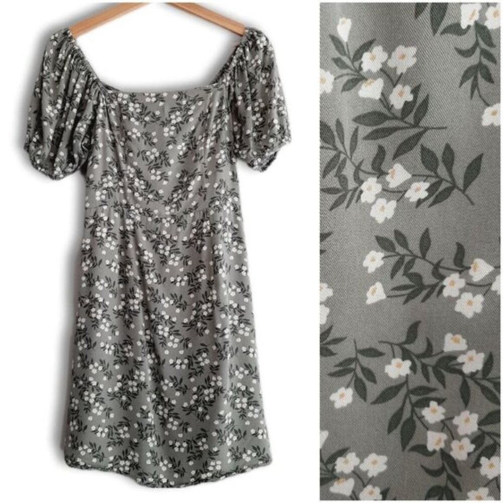 Twik by SIMONS \ Puff Sleeve Mini Dress Gray Sage Green White Ditsy Floral Sz M
